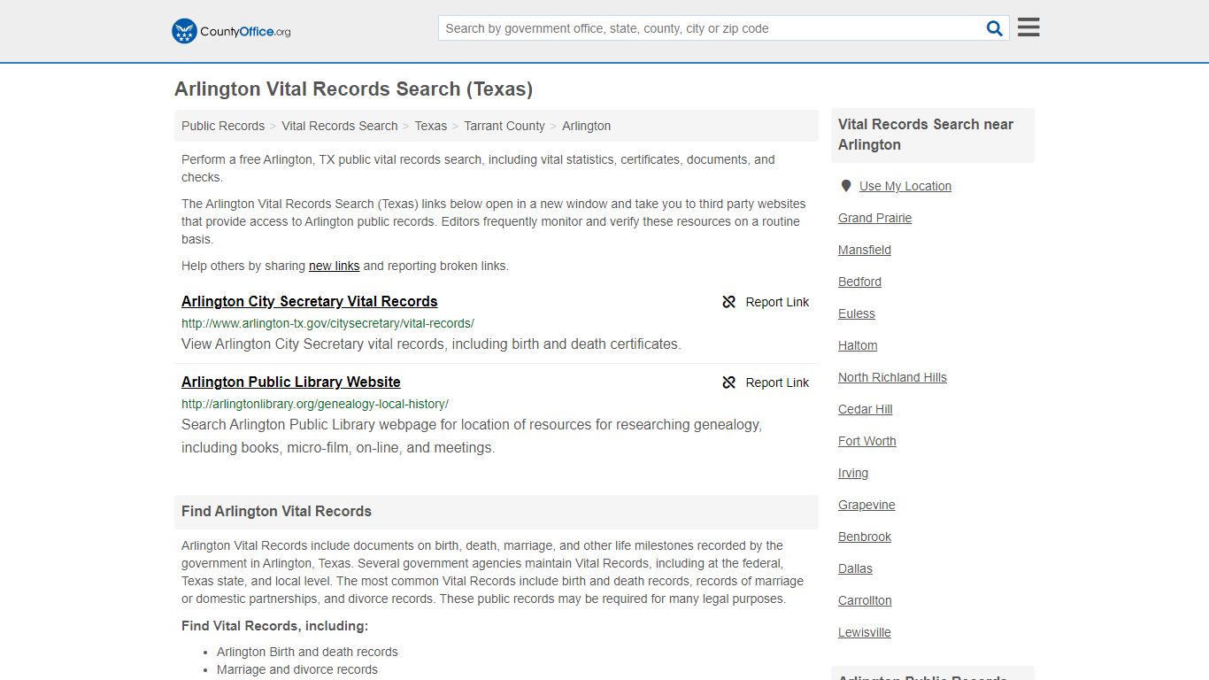 Vital Records Search - Arlington, TX (Birth, Death ...